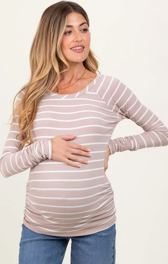 Beige Striped Ruched Side Maternity Long Sleeve Top