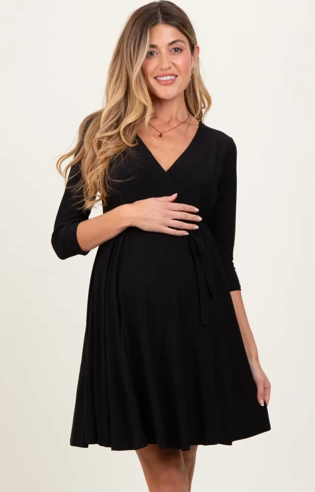 Black 3/4 Sleeve Maternity/Nursing Sash Tie Wrap Dress