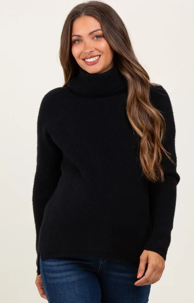 Black Basic Ribbed Turtle Neck Maternity Sweater