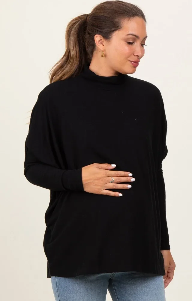 Black Brushed Knit Turtleneck Dolman Sleeve Maternity Top