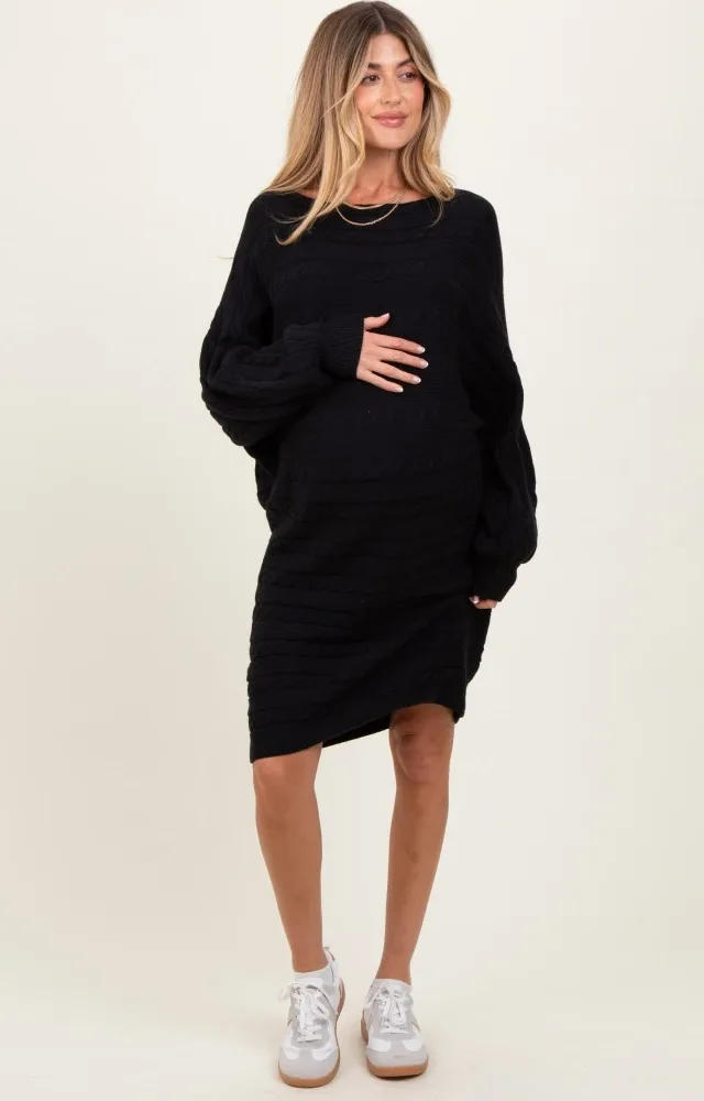 Black Cable Knit Dolman Sleeve Maternity Sweater Mini Dress