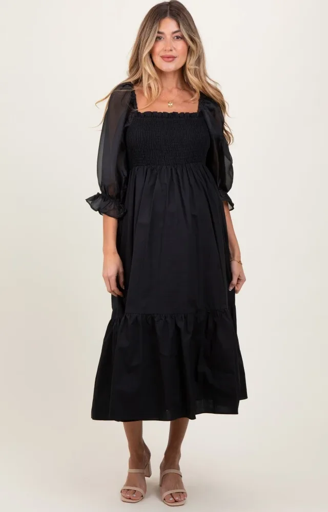 Black Chiffon Smocked Puff Sleeve Maternity Midi Dress