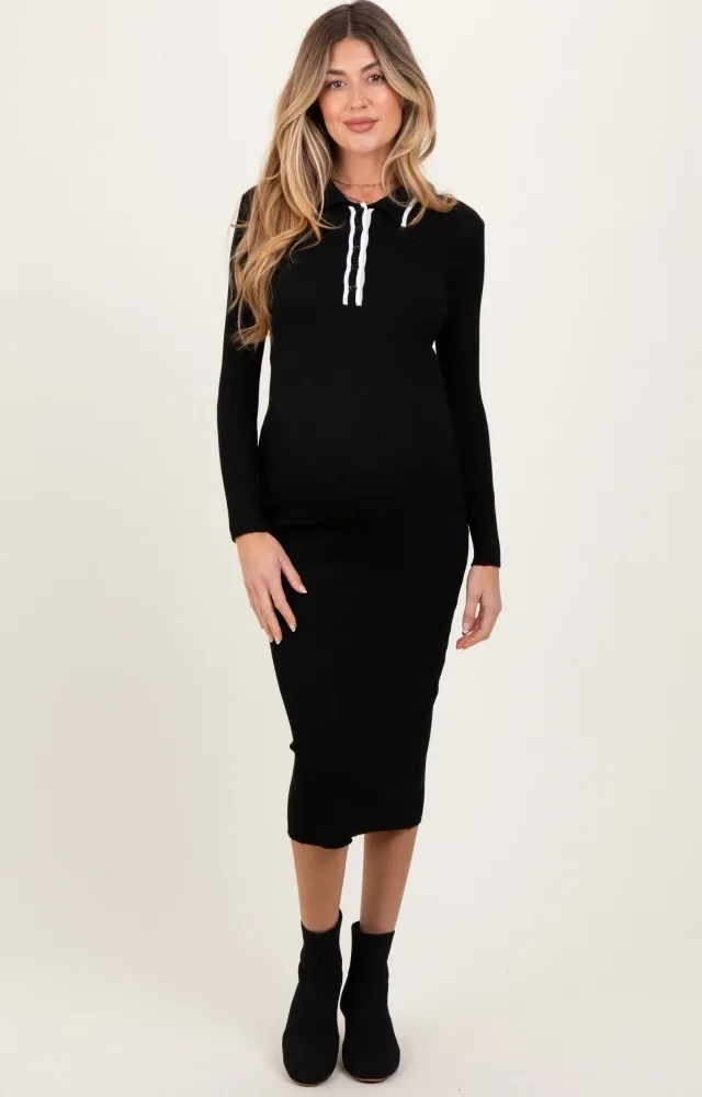 Black Contrast Trim Ribbed Knit Button Up Maternity Midi Dress