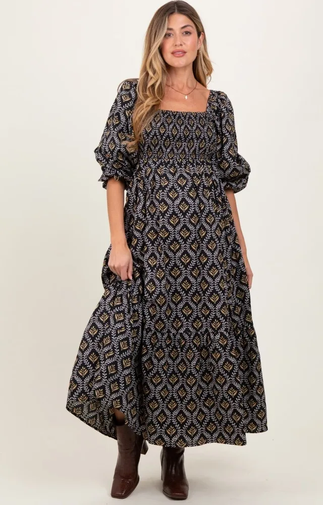 Black Damask Print Smocked Maternity Maxi Dress