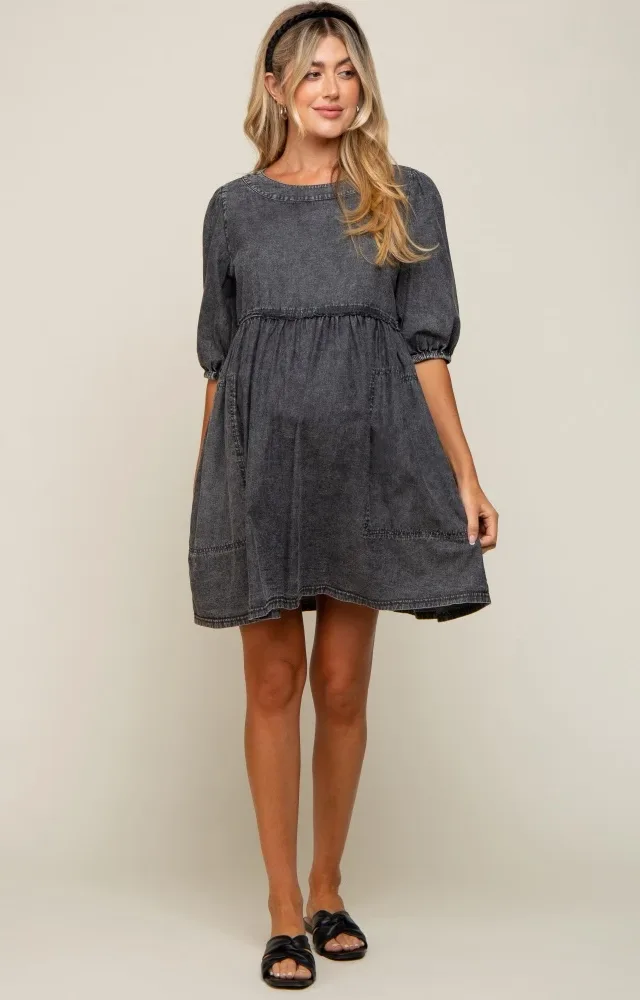 Black Faded Denim Chambray Maternity Mini Dress