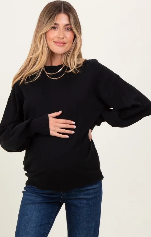 Black Fine Knit Balloon Sleeve Maternity Sweater