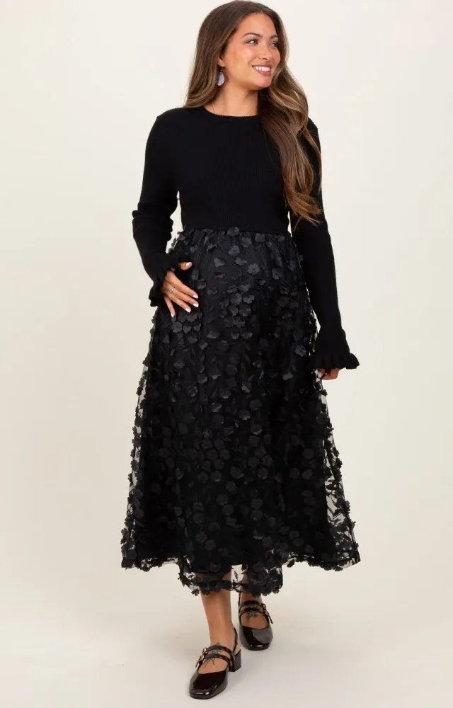 Black Floral Applique Contrast Skirt Maternity Midi Dress