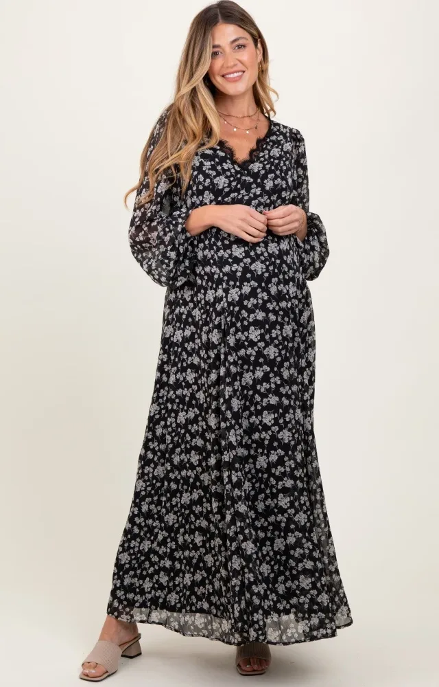 Black Floral Chiffon Lace Trim Back Tie Maternity Maxi Dress