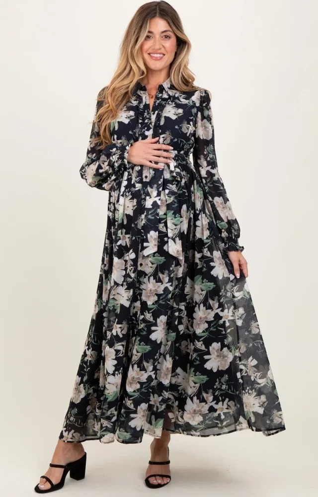 Black Floral Chiffon Ruffle Accent Button Down Maternity Maxi Dress