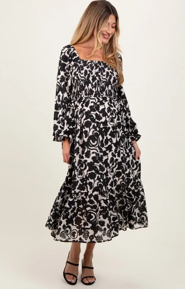 Black Floral Damask Print Smocked Maternity Midi Dress