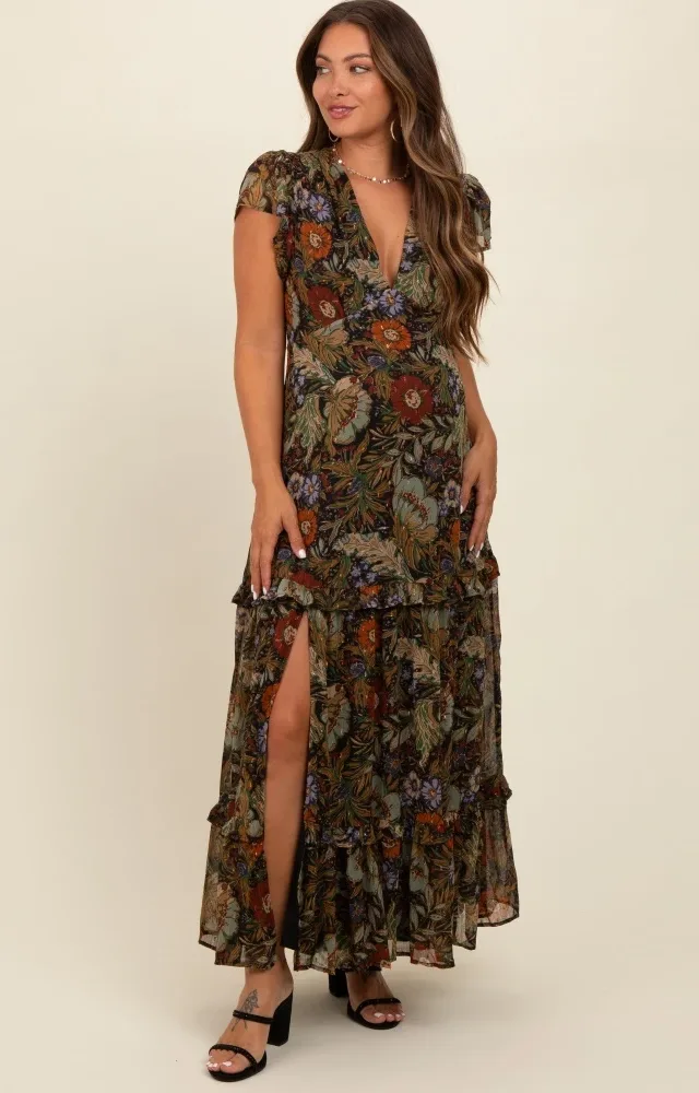 Black Floral Deep V-Neck Tiered Maternity Maxi Dress