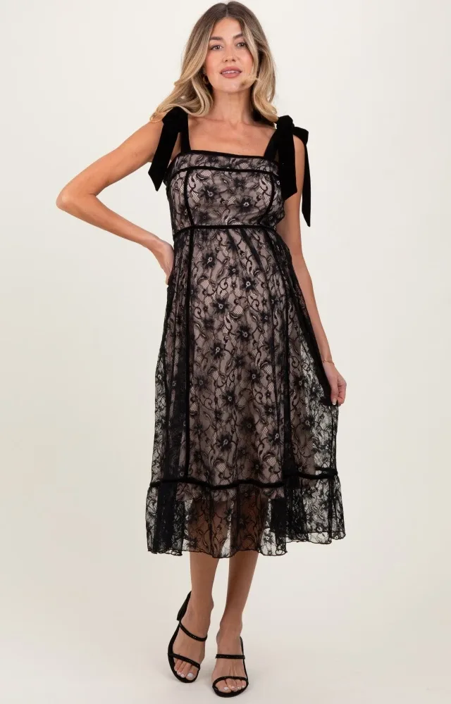 Black Floral Lace Velvet Tie Strap Maternity Midi Dress