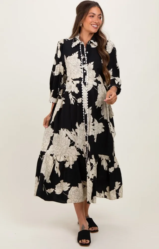 Black Floral Print Cinched Tie Waist Maternity Shirt Dress