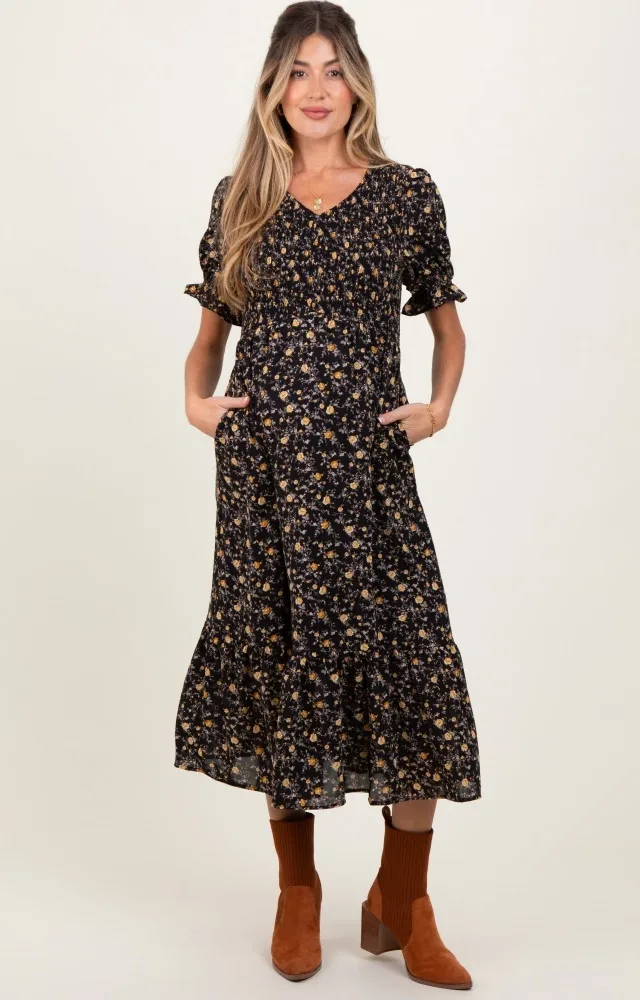 Black Floral Print Smocked Ruffle Hem Maternity Midi Dress