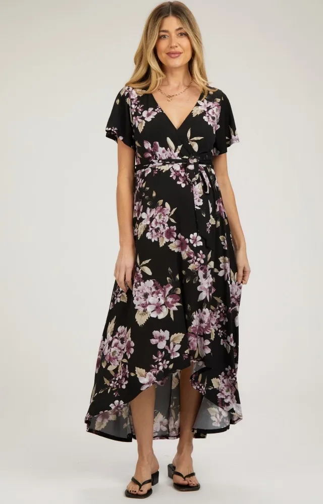 Black Floral Print Wrap Front V-Neck Hi-Low Maternity Midi Dress