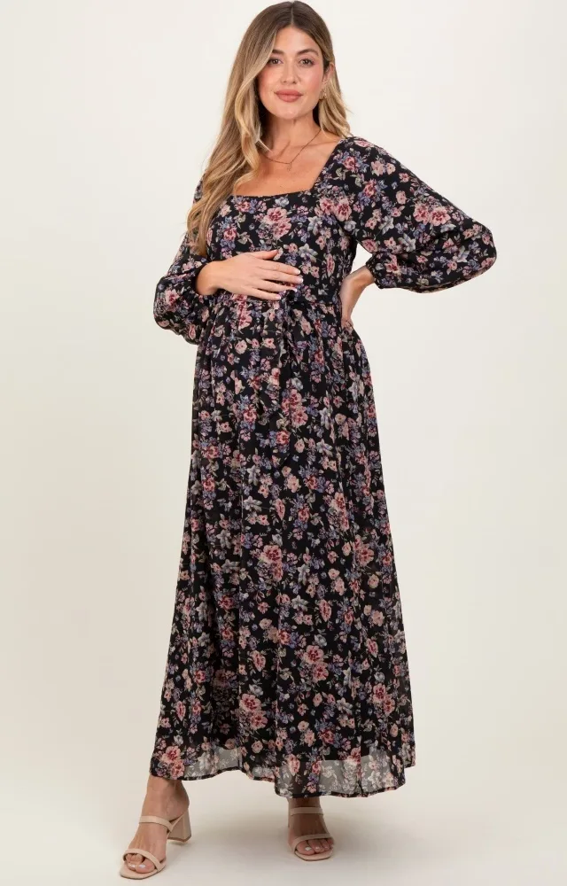 Black Floral Square Neck Front Tie Maternity Midi Dress