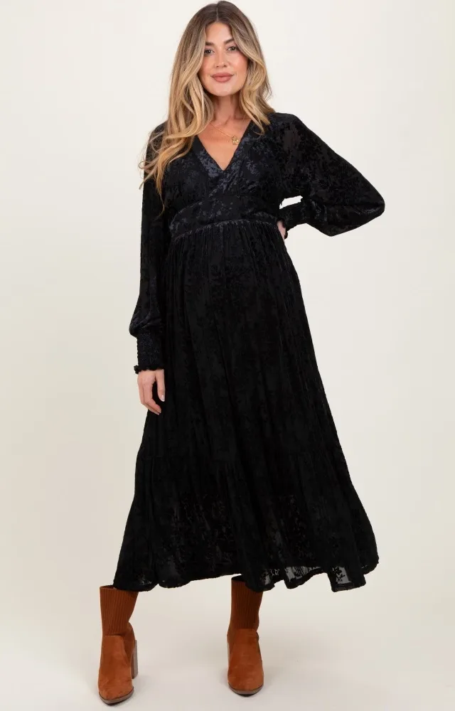 Black Floral Velvet Overlay Maternity Maxi Dress