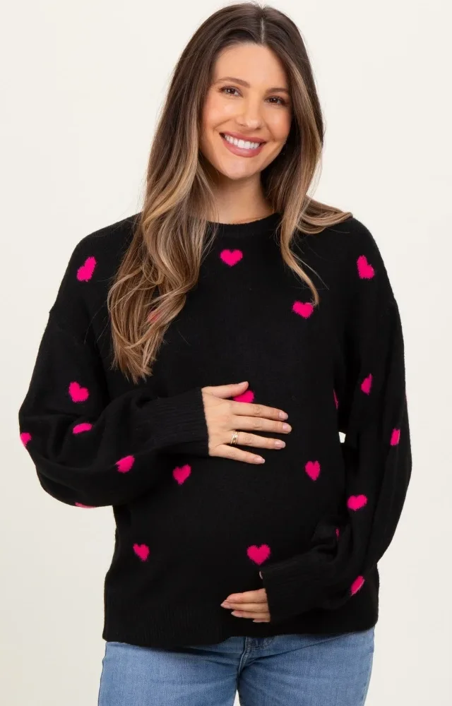 Black Heart Print Oversized Maternity Sweater