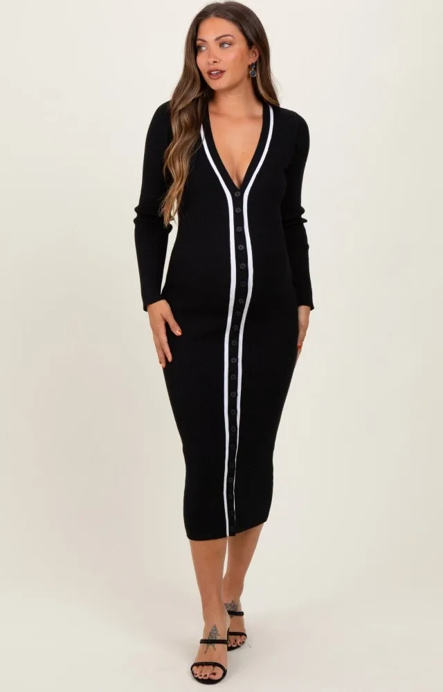 Black Knit Contrast Stripe Button Down Maternity Dress