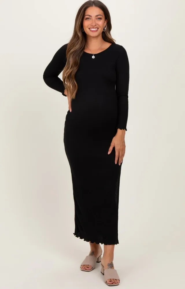 Black Knit Side Slit Lettuce Trim Maternity Maxi Dress