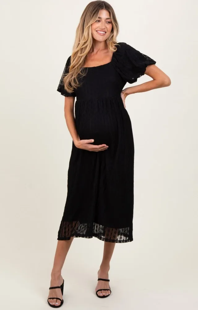 Black Lace Overlay Square Neck Maternity Midi Dress