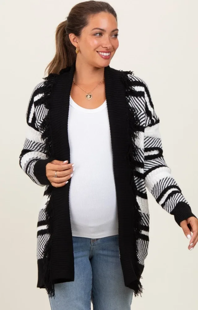 Black Mixed Stripe Fringe Shawl Collar Maternity Cardigan