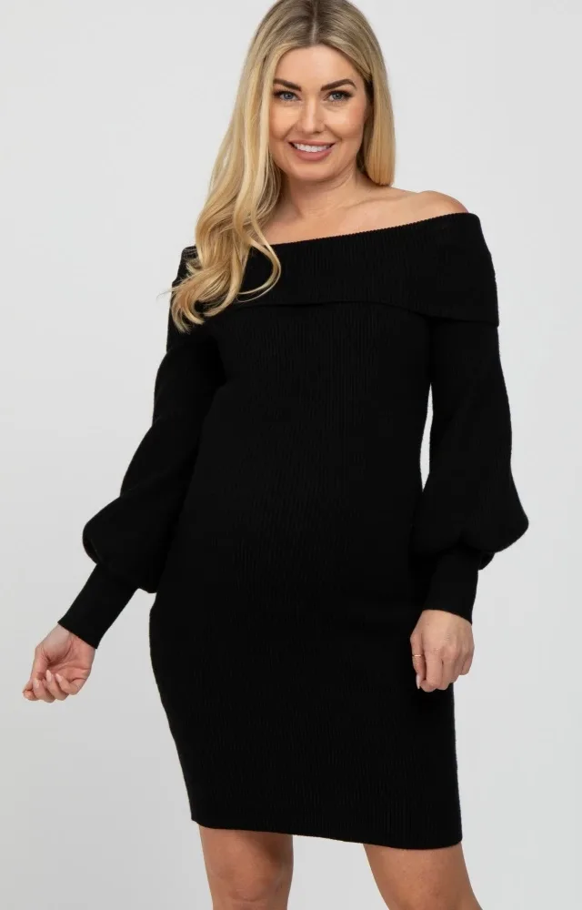 Black Off Shoulder Bubble Sleeve Maternity Sweater Dress