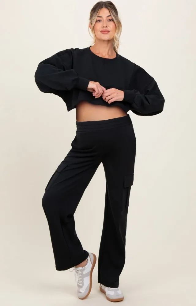 Black Oversized Crop Sweatshirt Cargo Sweatpant Maternity Set