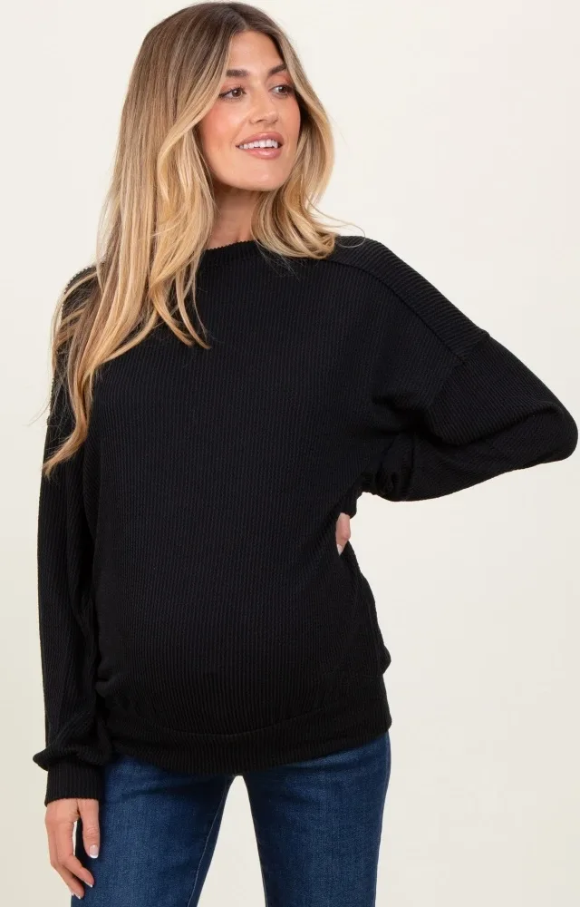 Black Oversized Ribbed Long Sleeve Maternity Sweatshirt