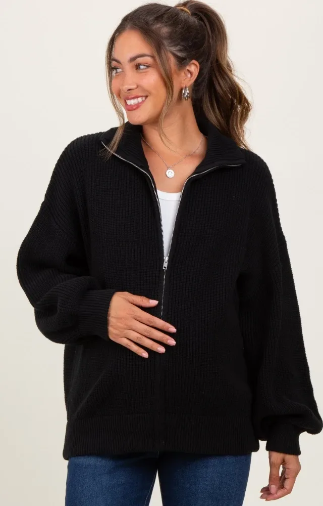 Black Oversized Zip Up Maternity Cardigan