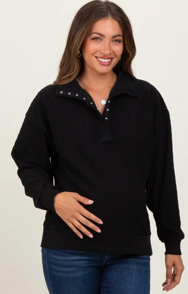 Black Quilted Knit Snap Collar Maternity Pullover Top