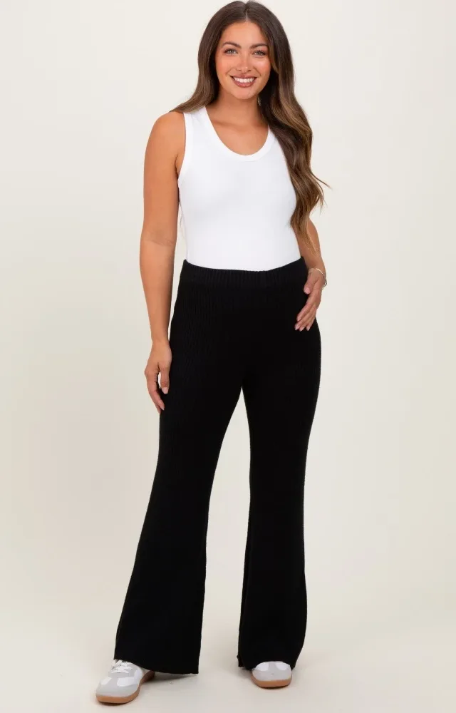 Black Ribbed Knit Maternity Flare Pants