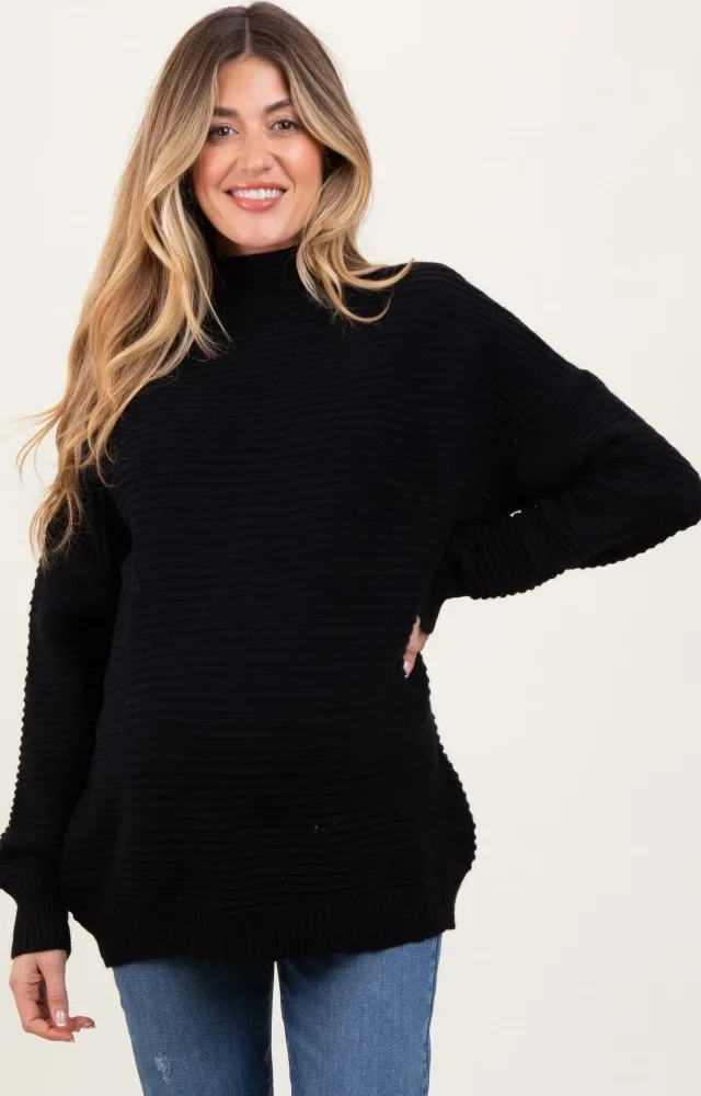 Black Ribbed Knit Turtleneck Dolman Sleeve Maternity Sweater