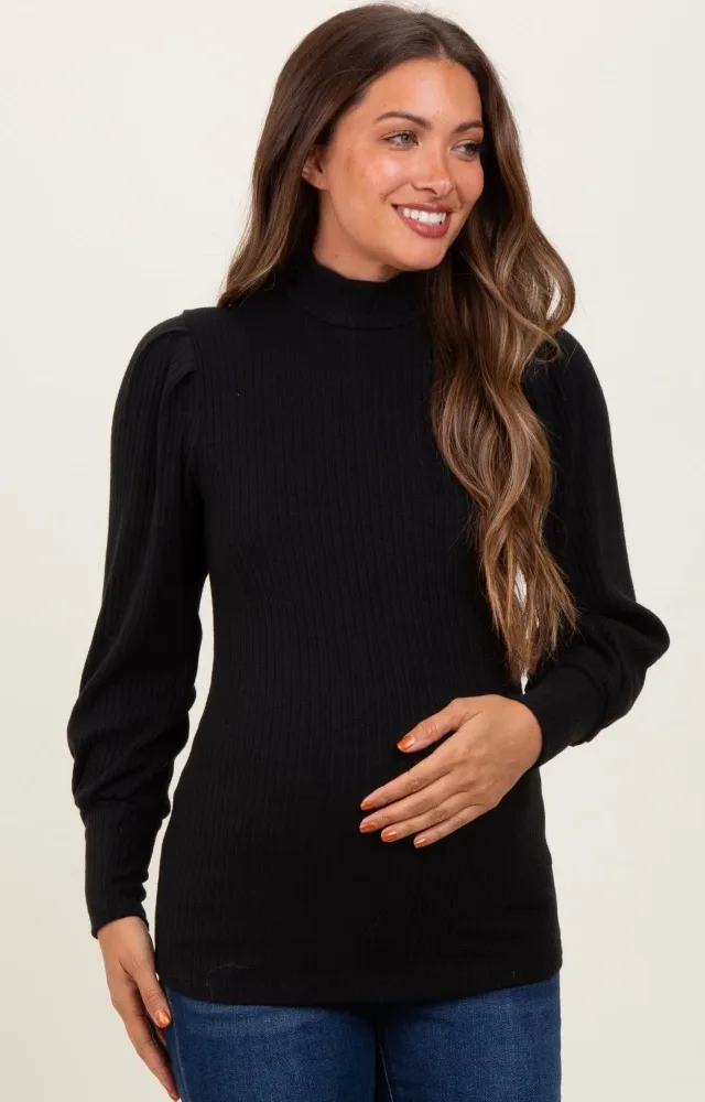 Black Ribbed Mock Neck Bubble Sleeve Maternity Top