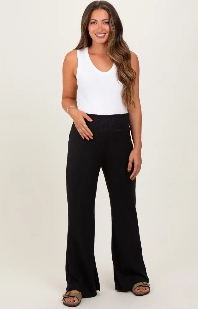 Black Ribbed Smocked Waistband Wide Leg Maternity Pants