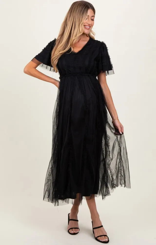 Black Ruffle Accent Mesh Overlay Maternity Maxi Dress