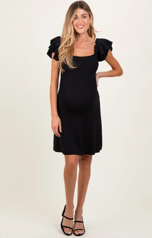 Black Ruffle Short Sleeve Knit Maternity Mini Dress