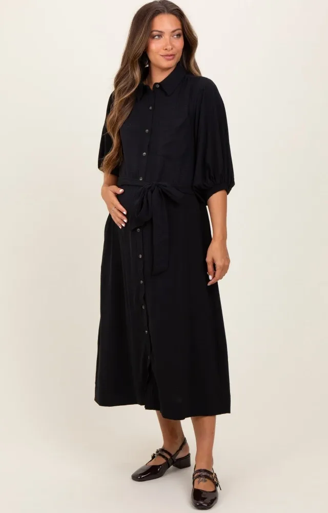 Black Sash Tie Maternity Midi Shirt Dress