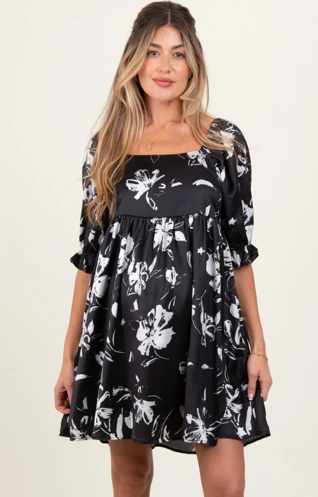 Black Satin Floral Square Neck Maternity Mini Dress