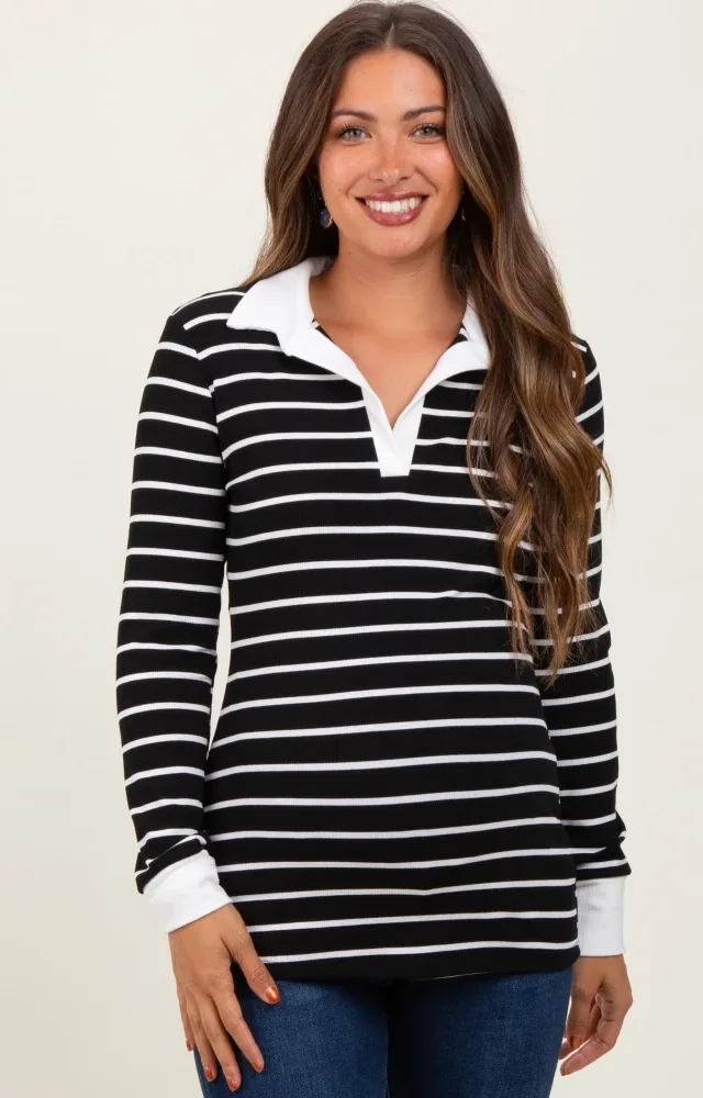 Black Striped Ribbed Collared Long Sleeve Maternity Top