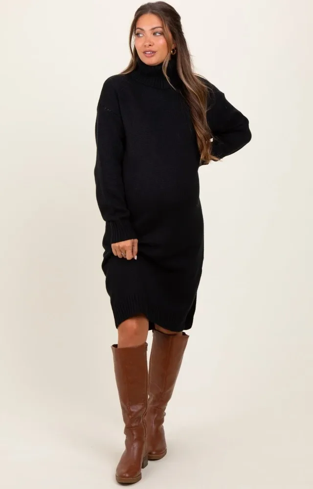 Black Turtleneck Side Slit Maternity Midi Sweater Dress