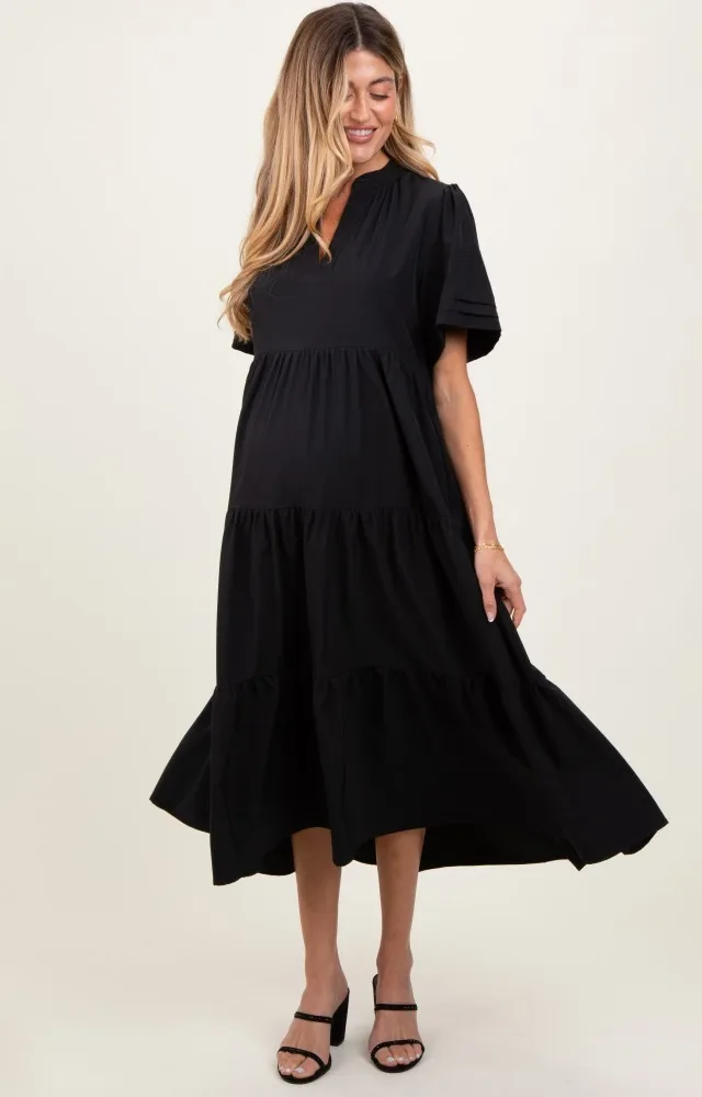 Black V-Neck Tiered Maternity Midi Dress