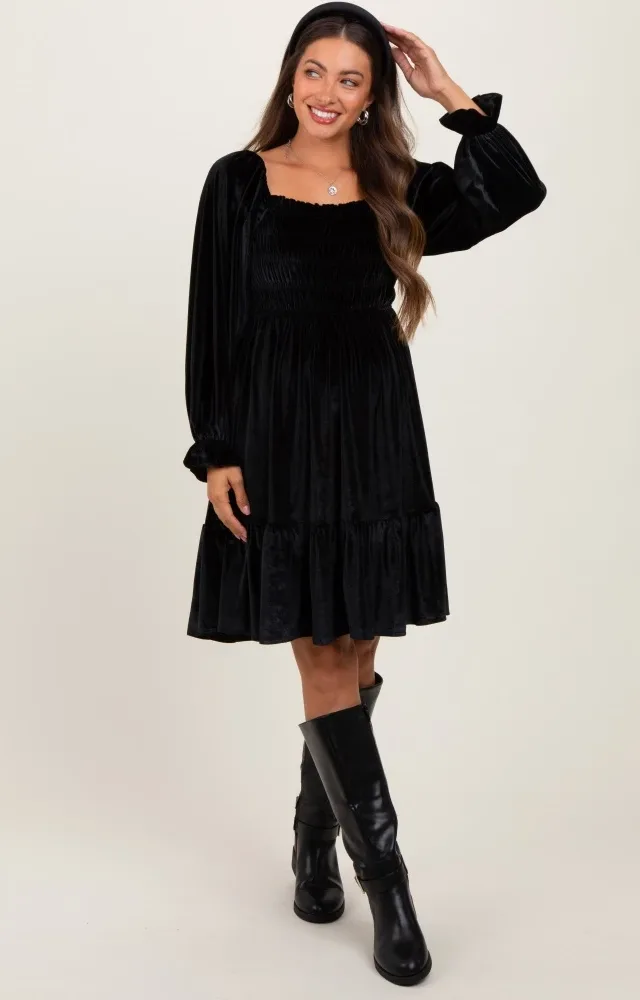 Black Velvet Smocked Long Sleeve Maternity Dress