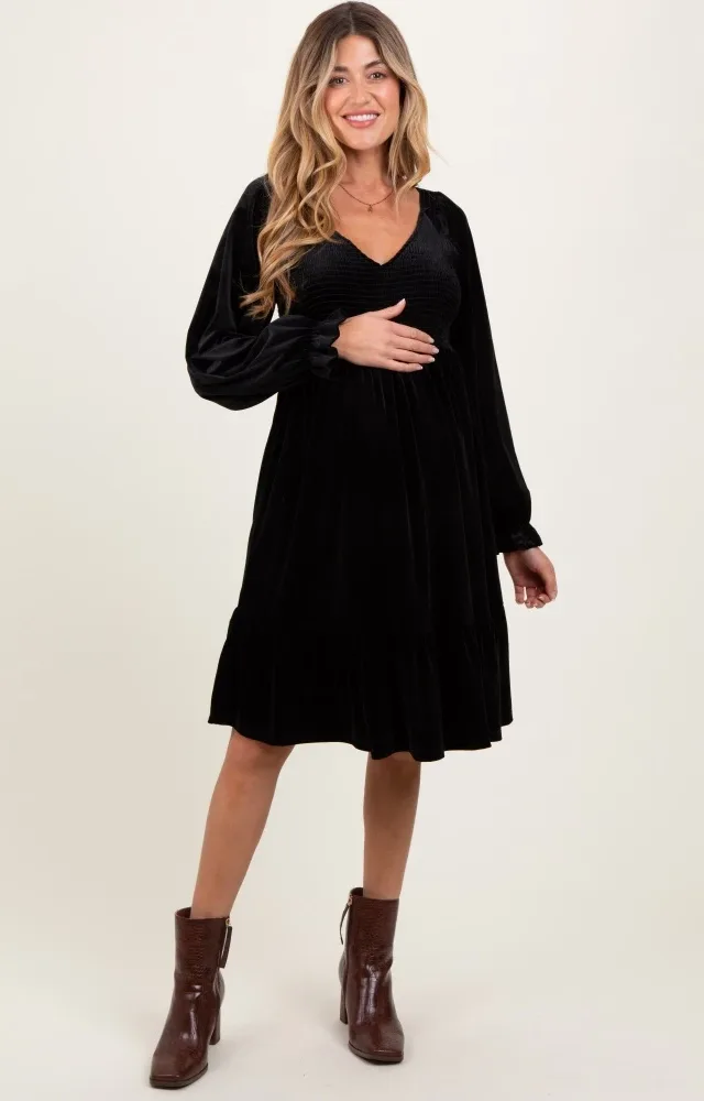 Black Velvet Smocked Maternity Long Sleeve Dress