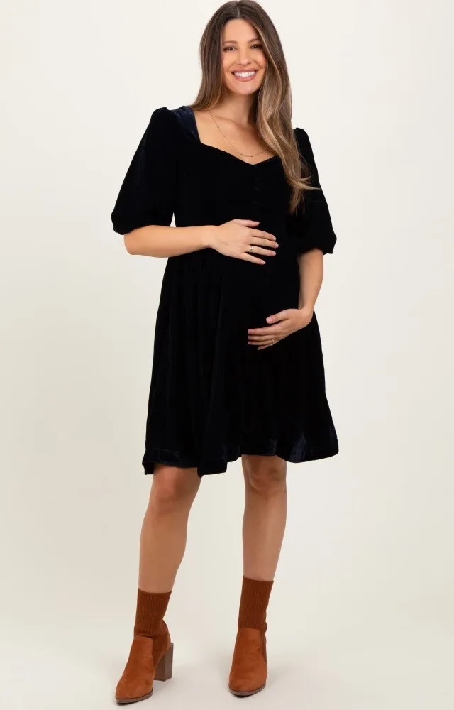 Black Velvet Sweetheart Button Accent Maternity Dress