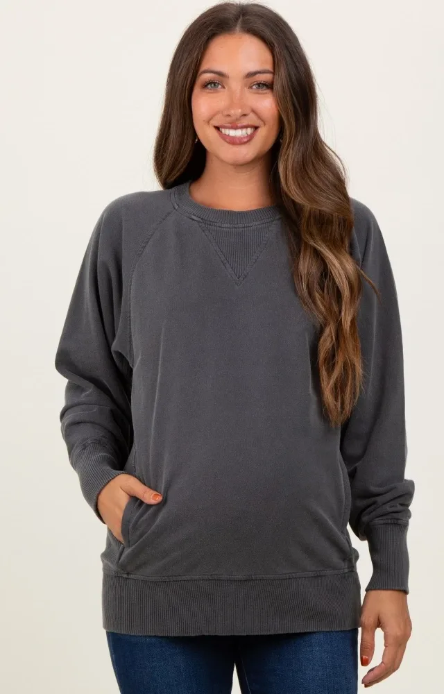 Black Vintage Wash French Terry Maternity Pullover