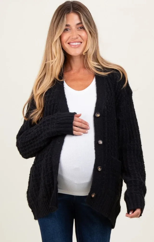 Black Waffle Knit Button Up Maternity Cardigan