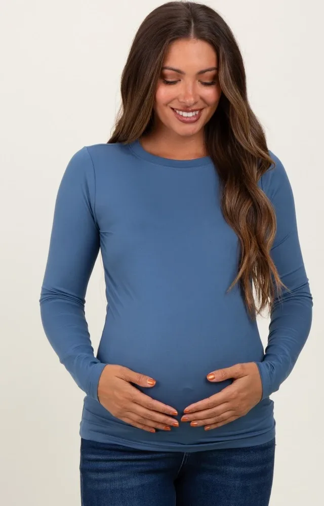 Blue Basic Long Sleeve Maternity Top