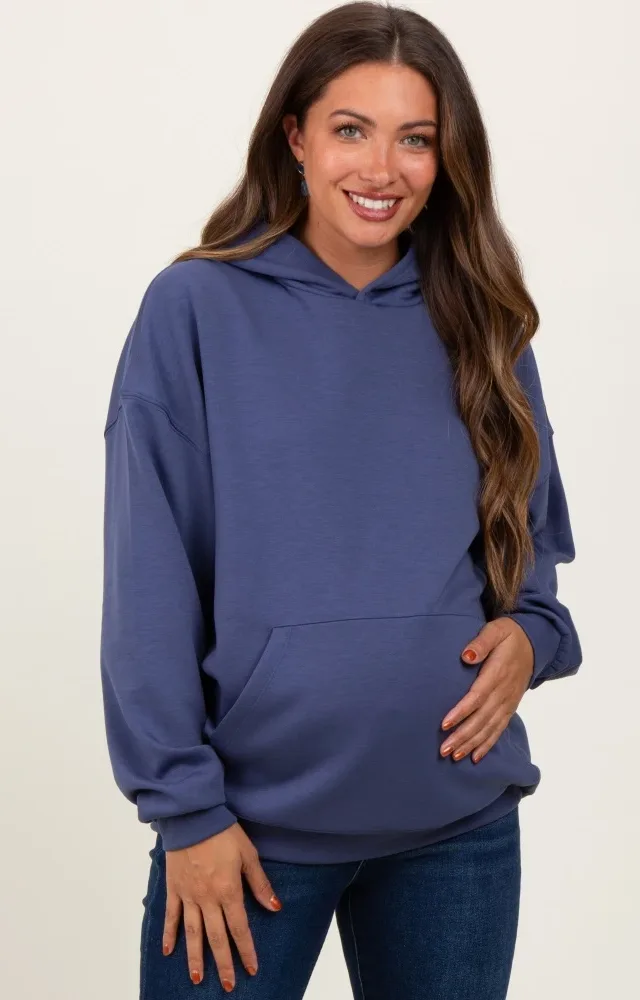 Blue Basic Maternity Hoodie Sweatshirt