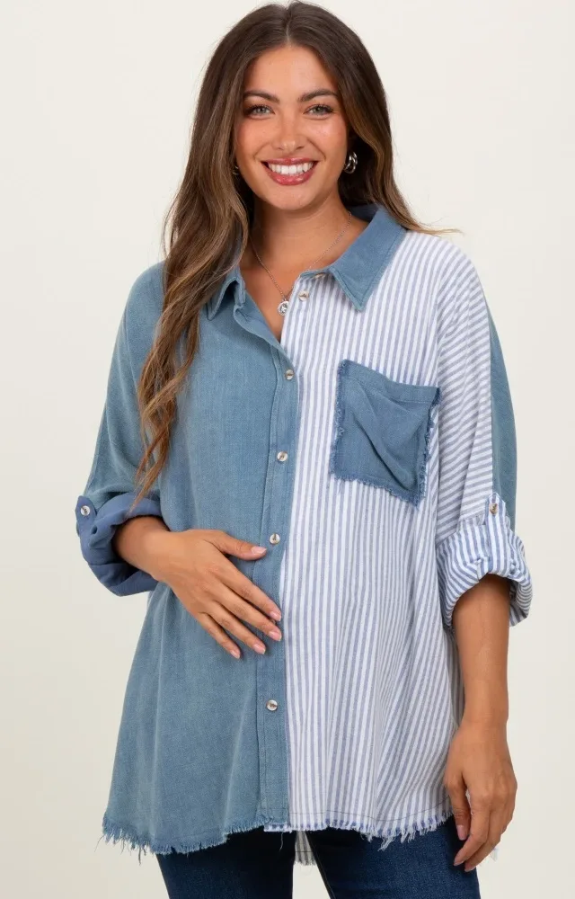 Blue Colorblock Stripe Oversized Maternity Button Down